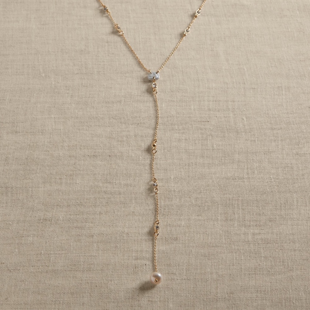 BANANA REPUBLIC Delicate Pearl Lariat Necklace, in Gold w/ Silver + Crystal
